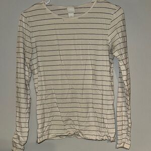 Cream Long Sleeve Fitted Tee with Crew Neck and Stripes